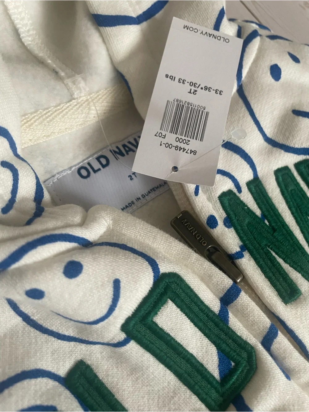 Old Navy Cream Zip Hoodie with Blue Smiley Print and Green Logo